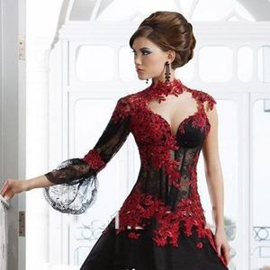 Victorian Gothic Masquerade Bröllopsklänning High Neck Appliques Lace Beaded Red And Black Long Ball Bridal Gowns Vintage Corset Plus Storlek Bride Klänningar En ärm