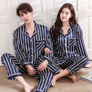Silk Couple's Pajamas Set Long Sleeve Striepd Shiny Pajama Women Oversize Casual Mens Sleepwear Nightgown Spring Home Clothing 210524