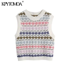 Women Fashion Hollow Out Cropped Knitted Vest Sweater O Neck Sleeveless Female Waistcoat Chic Tops 210420