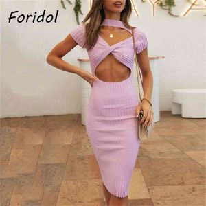 Foridol sexy sólido roxo primavera verão vestido oco out vestido longo de malha Bodycon Pary Dress Midi Coreano Vestido de Mujer 210415