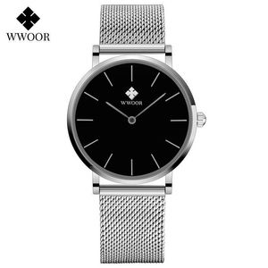 Wwoor Bayan Moda Basit İzle Bayanlar Ince Gümüş Siyah Elbise İzle Çelik Örgü Spor Su Geçirmez Saatı Reloj Mujer 210527