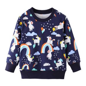 Hoppmätare Flickor Unicorns Sweatshirts Höst Vinter Baby Kläder Bomull Rainbow Tecknade Barn Topp Streetwear Kids Shirts 210529