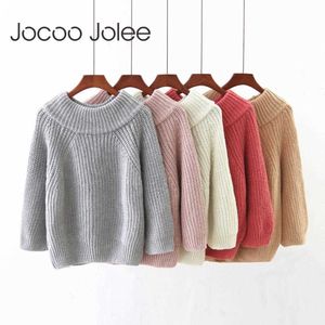 Jocoo Jolee Women Autumn Zime Puff Sleeve Off ramion Sweter Sweter Kobieta ciepłe luźne pullover urocze skoczki swobodne swetry 210619