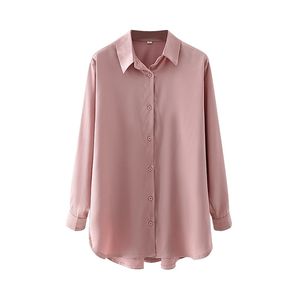 Camisas femininas elegantes de cetim rosa sólido Moda feminina blusas soltas com botão casual feminino chique gola virada para baixo 210527