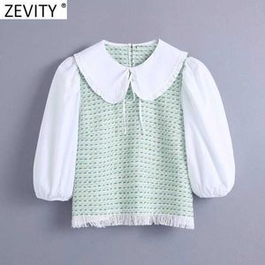 Zevity Women Vintage Tweed Patchwork Poplin Smock Blouse Female Sweet Peter Pan Collar Shirt Chic Puff Sleeve Blusas Tops LS9368 210603