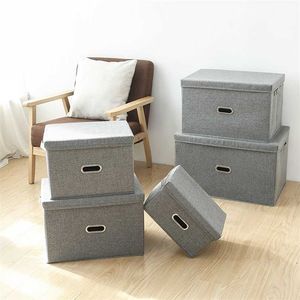 Square cotton linen clothing storage box large wardrobe Rectangle bin organizer with cover N10N010B138 211102