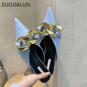 Suojialun Fashion Brand Gold Catena Catena Delle Donne Slipper Pointed Toe Slip on Mules Shoes Ladies Elegante Estate Sandalo Sandalo Sandalo con tacco basso C0407