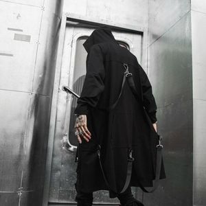 Cloak Hip Hop Techwear Patchwork Ribbons Spring Men Black Hooded Punk Zipper Trench Autumn Overcoat Long Coat Jacket Ri Men's Hoodies & Swea