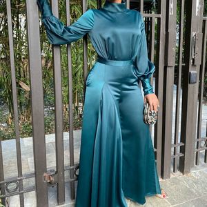 Women Green Jumpsuits Long Sleeves Turtleneck Silk Elegant Fashion Hig Waist Female Plus Size XXL Rompers Classy Office Ladies 210416