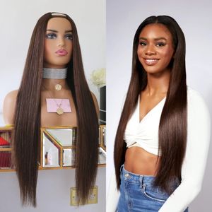 Chocolate Brown Human Hair U Part Wigs for Women Silky Straight Machine Made UPart Brazilian Remy Humans Hairs Wig with Combs And Straps 100% Unprocessed