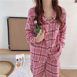 Oversize All Match Plaid Homewear Stylish Loose Nightwear Sweet Chic Two Piece Suit Casual Pyjamas Sets 210525