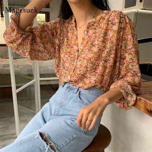 Autumn Women Plus Size Casual Vintage Chiffon Blouse Korean Long Sleeve Floral Shirts Loose Cardigan Ladies Top 10333 210518