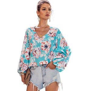 Verão Floral Print Womens Tops e Blusas Moda V Pescoço Lanterna Manga Longa Casual Loja Senhoras Camisas Plus Size Blusa 210608