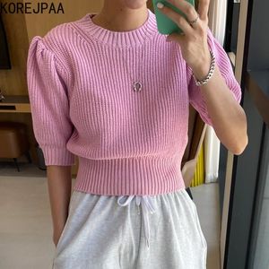 Женщины свитер летние корейские сладкие простые универсальные круглые шеи конфеты цветные планки слоеного рукава вязаные пуловеры 210514