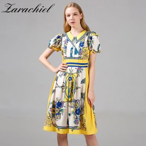 Lato Moda Flower Print Rękaw Puff Sukienka Retro Kobiety Peter Pan Collar Wysoka talia Plisowane sukienki Wakacje Vestidos 210416