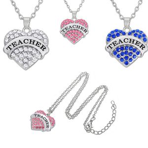 Teamer Clear Blue Pink Crystal Heart Engraved Teacher Pendant Necklace With Link Chain Fashion Jewelry For Teacher's Day Gifts Necklaces