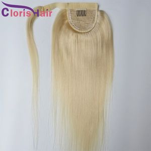 Envoltório loiro em torno de rabo de cavalo Cabelo humano Cor 613 Raw Virgin Indian Silky Straight Roteiro Extensões Extensões Clips Natural Cabelo