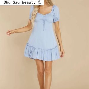 Fashion Sweet Chic Blue Backless Mini Dress Women Summer Casual Style Ruffles Short Sleeve Dresses Female Vestido De Moda 210508