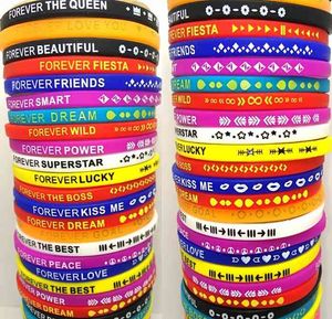 Lotes Bulk 100 pcs Top Mix Mulheres Silicone Charme Para sempre Pulseira de Borracha Esportes Pulseiras Meninas Macho Feminino Brinquedo Bangles Grande Presente