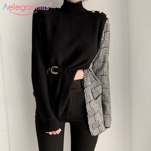 Aelegantmis Koreanska Plaid Houndstooth Patchwork Turtleneck Pullovers Kvinnor Lace Up Button Stickad Sweater Chic Black Jersey Mujer 210607