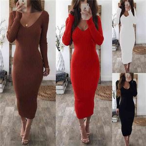 Sexy V-Neck Women Knitted Dress Autumn Winter Long Sleeve Elegant Party Female Solid Color Black White Red-Brown Bodycon 210517