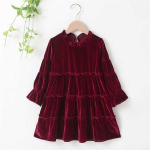 Höst vinterflickor klänning långärmad sammet turtleneck vin röd svart pläterad solid söt söt baby vestidos 2-6t 211231