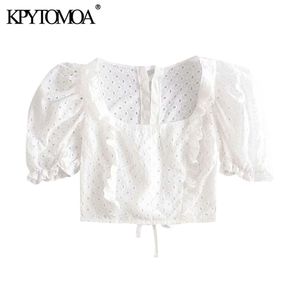 Kadın Moda Cutwork Nakış Ruffles Kırpılmış Bluzlar Puf Kollu Geri Dantel-up Kadın Gömlek Chic Tops 210420