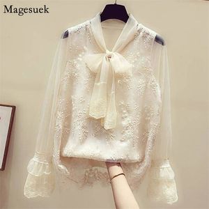 Spring Flare Sleeve Casual Blouses Fashion Loose Embroidery Mesh White Blouse Bow Tie O-neck Lace Female Shirt Tops 12474 210512