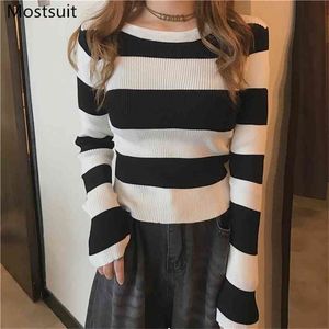 Korean Striped Knitted Women Pullovers Sweaters Long Sleeve O-neck Slim Fashion Ladies Tops Jumpers Mujer 210513