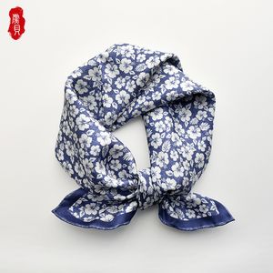 Blue natural twill scarf women printed little flower 100% real silk scarves 50cm small square shawl headband lady gift