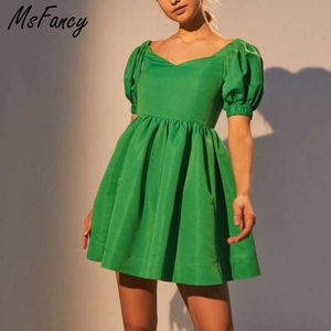 Msfancy Summer Green Mini Dress Women Short Puff Sleeve Square Collar Elegant Vestido De Mujer High Waist Casual Robe 210604