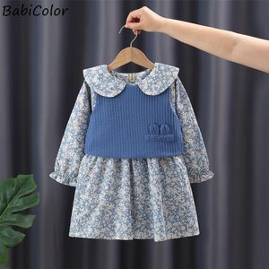 Girl's Dresses Baby Girls Clothes Doll Round Neck Small Floral Dress + Vest Two-piece Spring And Autumn