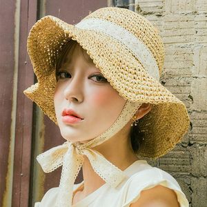 Ins Moda Knitting Chapéu de Palha Verão Praia Sunscreen Cap de Pessoas Exteriores Férias Casuais Caps Lace Bandage Grande Brim Bonés