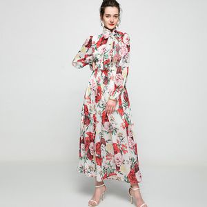 Vestidos femininos de passarela, decote em O, mangas compridas, estampa floral, elástico, cintura, vestido maxi fashion com cachecol