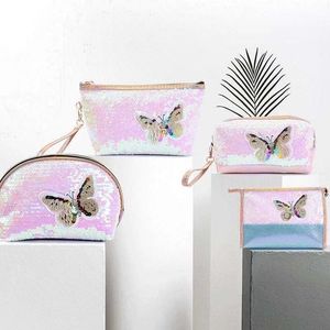 Cosmetic Bags & Cases Laser TPU Cosmetics Bag Women MakeUp Portable Handbag Travel Fashion Sequins Butterfly Organizer Storage