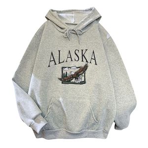 نساء Sweatshirt Alaska رسالة مطبوعة هوديس طويلة الأكمام ذات الأكمام الضخمة ذات الحجم الكبير مع جيب Pullover 2021 Moletom 220302