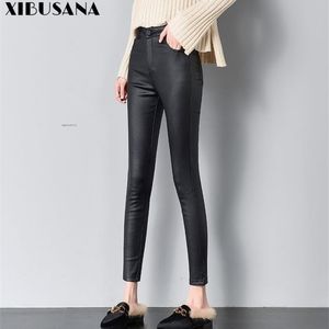 Calças de couro Mulheres High-cintura fosco apertado mais veludo engrossado outono e inverno calças leggings 210423