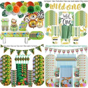 Jungle Safari Decorazione festa di compleanno Stoviglie usa e getta Set Jungle Animal Dinosaur Party 1° compleanno Ragazzo Baby Shower Bomboniera 211216