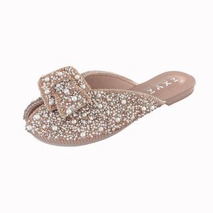 Wholesale backless shoe resale online - Slippers Korean Style Women Weave Flat Tressees Mules Plates Chaussure Backless Luxury Pearl Casual Knot Shoes Half Slides