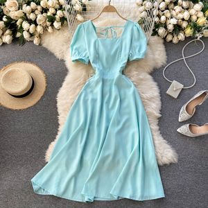 Elegant Retro Dress Square Neck Puff Sleeves Slimming Pure Color Temperament Gentle Boho Vintage Mid-Calf Vestidos 210420