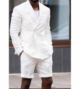 Summer Beach White Linen Groom Tuxedos Mens Wedding Suits Wedding Prom Costume Homme Double Breasted Dance Best Man Blazer 2 Pcs X0909