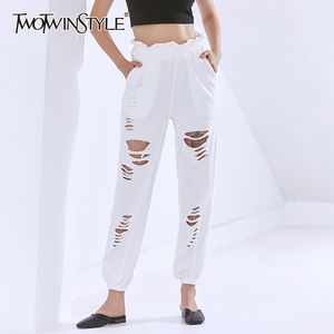 TWOTWINSTYLE White Patchwork Tassel Pant For Women High Waist Hollow Out Hole Casual Streetwear Trouser Female Clothing 210517