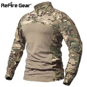 Refire Dişli Taktik Savaş Gömlek Erkekler Pamuk Askeri Üniform Kamuflaj T Shirt Multicam ABD Ordusu Giysileri Camo Uzun Kollu Gömlek 210715