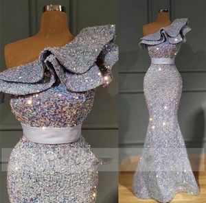Sier Mermaid Elegant Sequins Evening Dresses 2021 One Shoulder Sweep Train Plus Size Formal Prom Party Gowns Vestidos De Novia