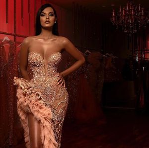 Women Strapless Beaded Sequins Prom Dresses Sparkly Ruffles High Slit Sweetheart Arabic Evening Formal Party Gowns240K