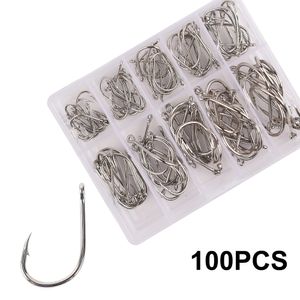 100 pcs ganchos de pesca set j em forma de aço carbono afiado farpado de círculo único gabarito de círculo fishhook mar fishack tackle acessórios ferramentas