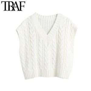 TRAF Women Fashion Oversized Cable Knitted Vest Sweater Vintage V Neck Sleeveless Female Waistcoat Chic Tops 210415