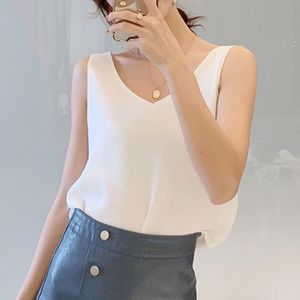 Womens Tops and Blouses Chiffon Sleeveless V-Neck White Shirts Plus Size Korean Fashion Tank Clothing 210428