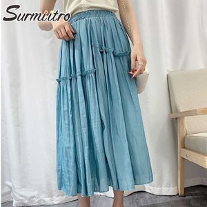 SURMIITRO Spring Summer Midi Long Skirt Women Korean Style Blue Laciness Mid-Length High Waist Pleated Skirt Female 210712