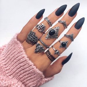 Bohemian Vintage Lotus Flower Cross Moon Ring Set för Kvinnor Black Crystal Midi Finger Ringar 2021 Boho Party Smycken Gåvor